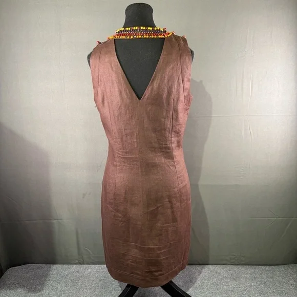 VTG Max Mara Sportmax Linen Dress Women M Beaded Neck Italy Resort Luxury Brown - Picture 4 of 14